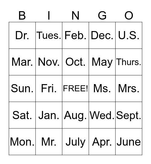 Abbreviations Bingo  Bingo Card