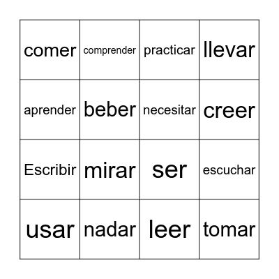 Verb Vocabulary Bingo Card