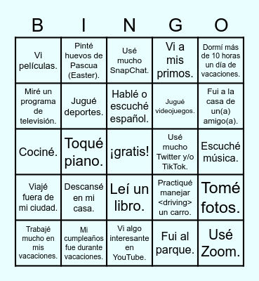 ¿Qué hiciste? Mis vacaciones de primavera Bingo Card