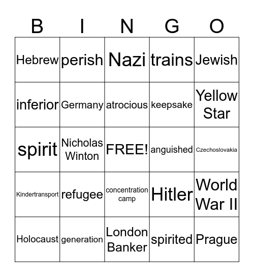 Escape From the Holocaust Vocabulary Bingo Card