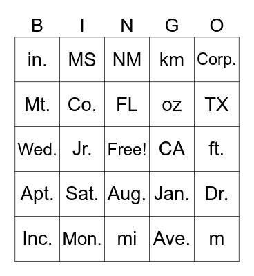 Abbreviation Bingo Card