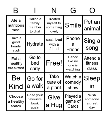 Healthy Lifestyle Bingo Card