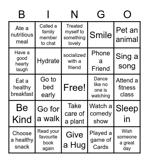 Healthy Lifestyle Bingo Card