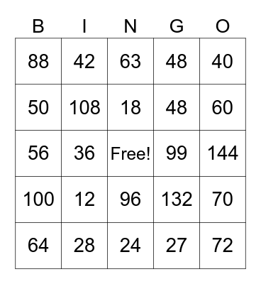 Multiplication Bingo Card