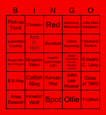Happy 90th Birthday Joe! Bingo Card