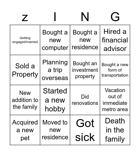 Life Event Bingo Card