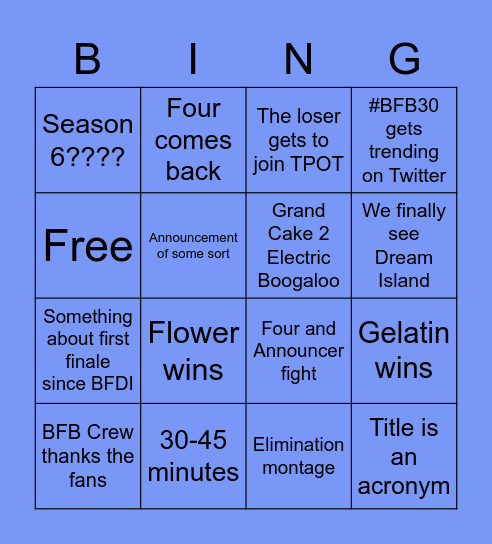 BFB 30 Bingo Card