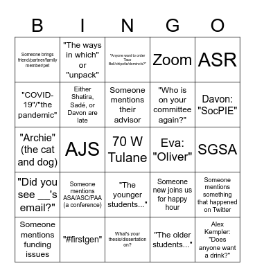 Soc Grad Happy Hour Bingo Card