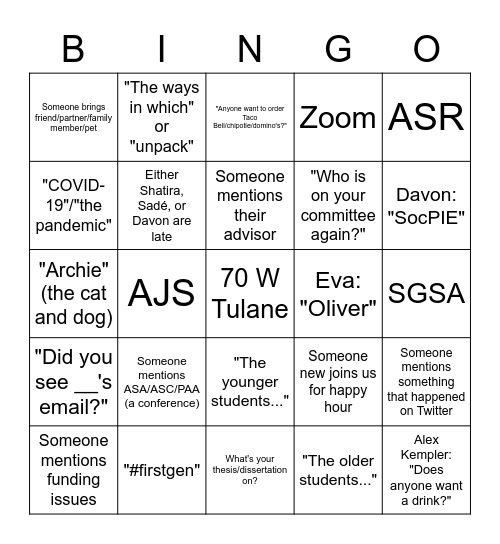 Soc Grad Happy Hour Bingo Card