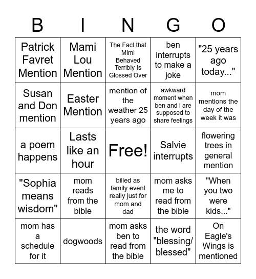 Sophia's 25th Birthday Zoom Call Bingo Card