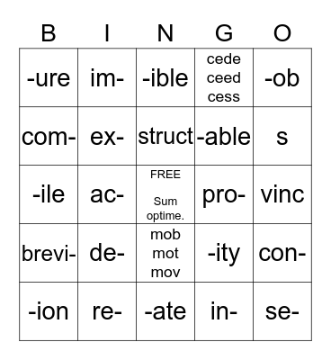 Latin Word Parts 1,3,2,4 Bingo Card