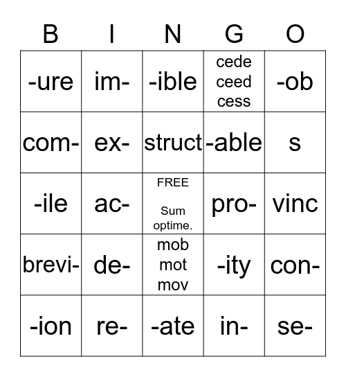 Latin Word Parts 1,3,2,4 Bingo Card