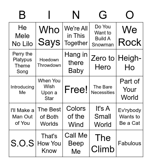 Disney Playlist Bingo Card
