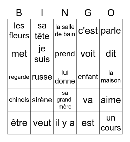 Nous Sommes Unit 1.4 Bingo Card