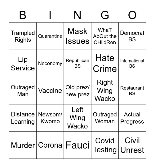 COVID BONUS Bingo Card