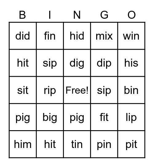 Short I --- Bingo Card