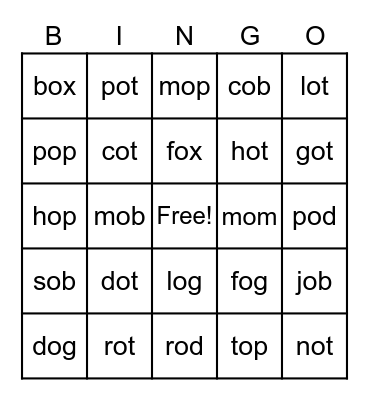Short O --- Bingo Card