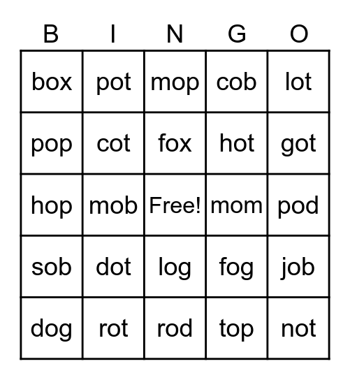 Short O --- Bingo Card