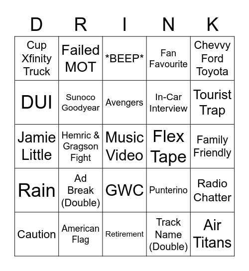 NASCAR Bingo Card