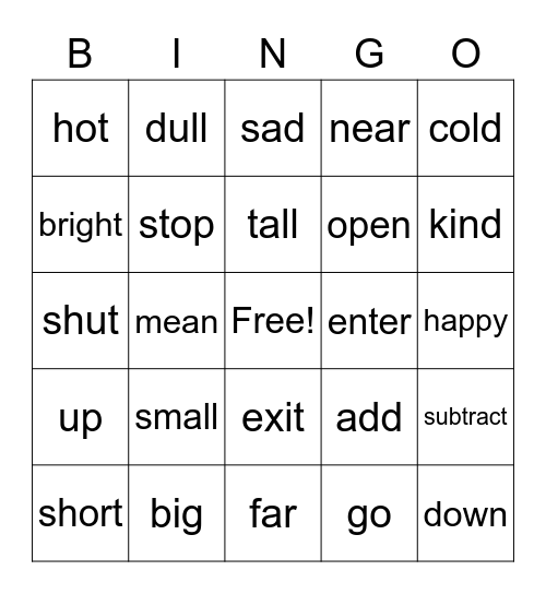 Analogy Bingo: Antonyms Bingo Card