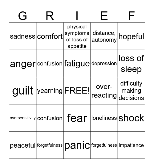 Grief Bingo Card