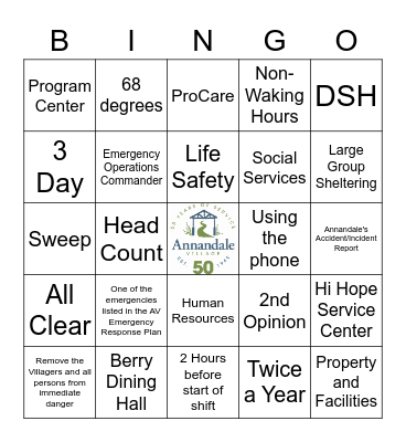 Annandale Emergency Response Plan Bingo Card