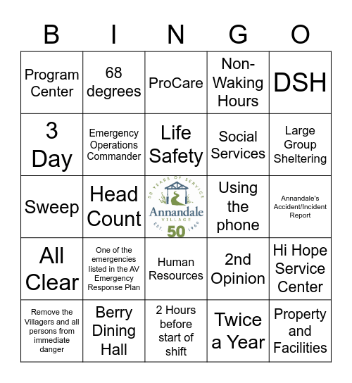 Annandale Emergency Response Plan Bingo Card