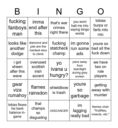 Tobias Fate Bingo Card