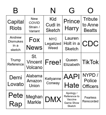 Saturday Night Live (4/10/2021) Bingo Card