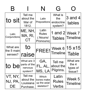 Memory Monster  Bingo Card