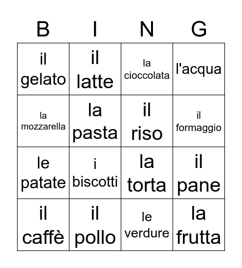 Il cibo Bingo Card