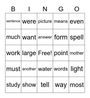 Sight Words Bingo Card