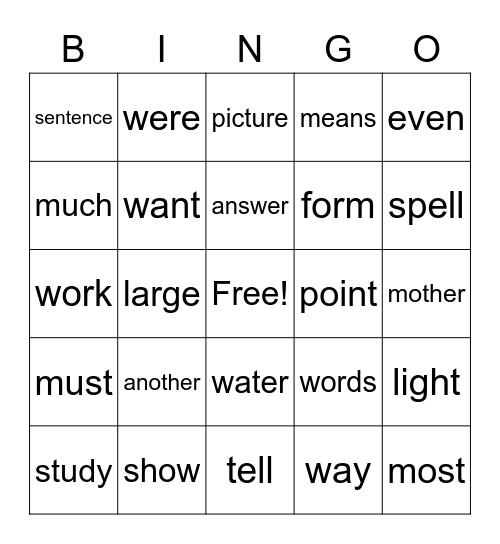 Sight Words Bingo Card