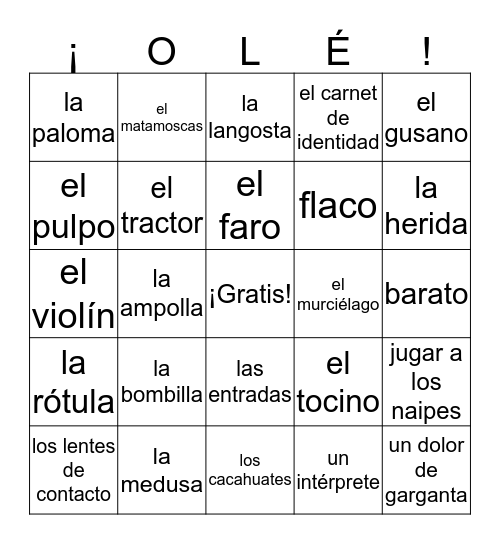 Lago Spanish 5 Chosen Vocabulary Bingo Card