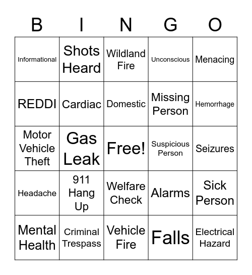 Call Types Bingo Card