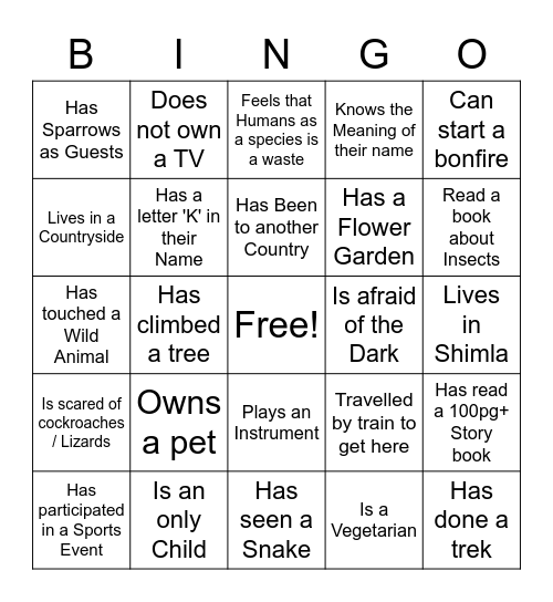 Nature Bingo Card