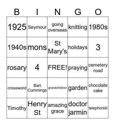 June Garratt Bingo Card