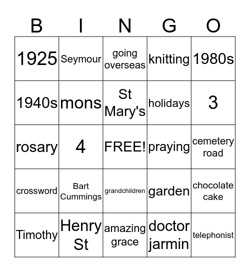 June Garratt Bingo Card