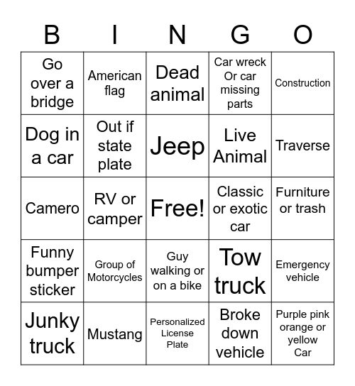 Car Ride Bingo Card