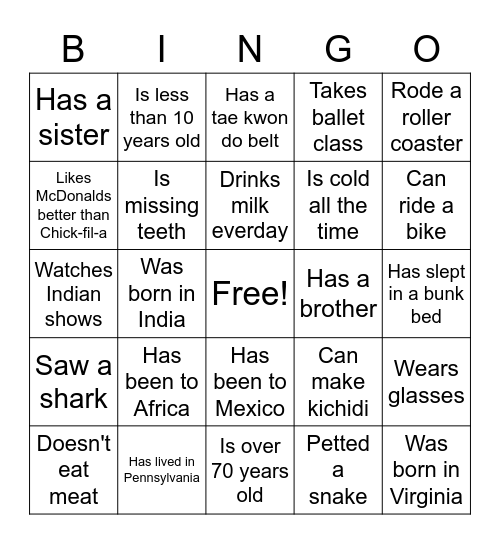 Family Bingo! Bingo Card