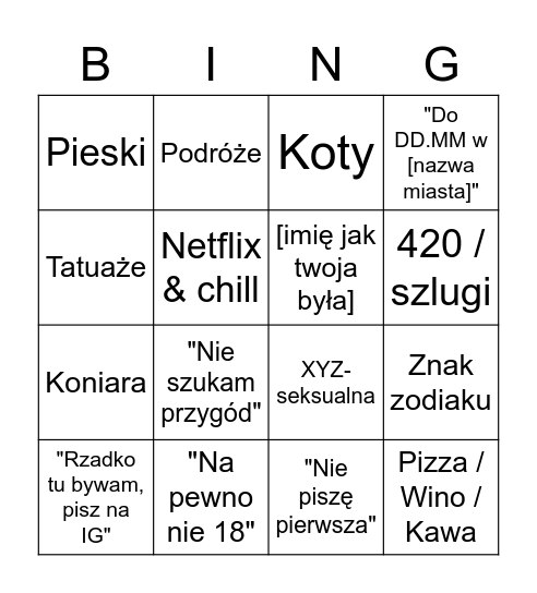 Tinderowe Bing Bingo Card