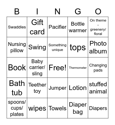 Baby A's Present Bingo Card