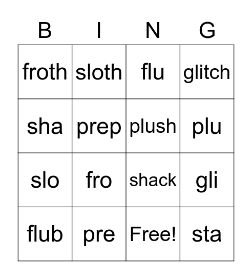 Open/Closed Syllable Bingo Card