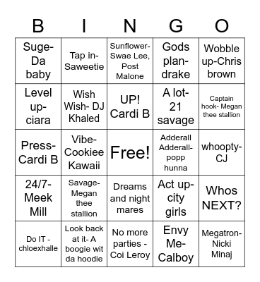 SONGS Bingo Card