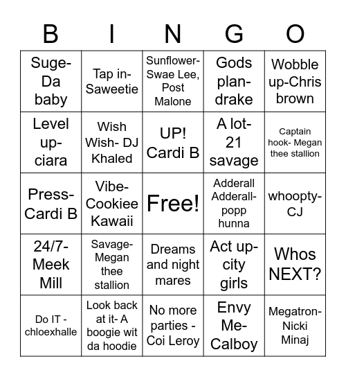 SONGS Bingo Card