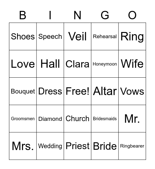 Clara's Bridal Shower Bingo Card