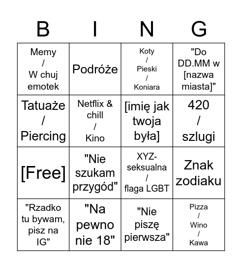 Tinderowe Bing Bingo Card