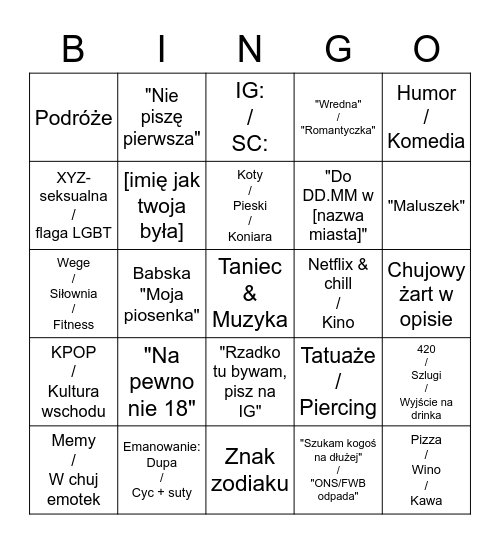 Tinderowe Bingo Card