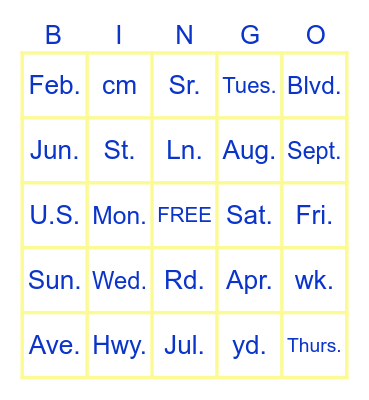 Abbreviations Bingo Card