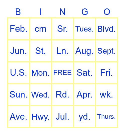 Abbreviations Bingo Card